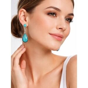 SILVER TONE TURQUOISE TEARDROP DANGLE & STUD EARRING SET Boho Western Pair